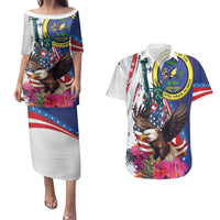 Personalized US Virgin Islands 4th of July Couples Matching Puletasi and Hawaiian Shirt US Eagle Statue of Liberty