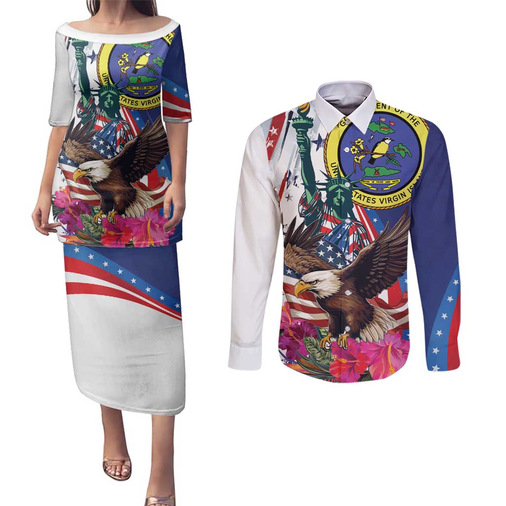 Personalized US Virgin Islands 4th of July Couples Matching Puletasi and Long Sleeve Button Shirt US Eagle Statue of Liberty