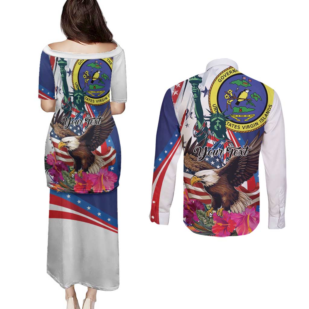 Personalized US Virgin Islands 4th of July Couples Matching Puletasi and Long Sleeve Button Shirt US Eagle Statue of Liberty