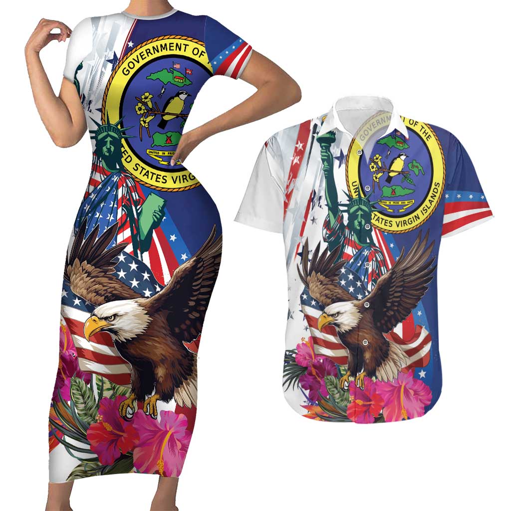 Personalized US Virgin Islands 4th of July Couples Matching Short Sleeve Bodycon Dress and Hawaiian Shirt US Eagle Statue of Liberty