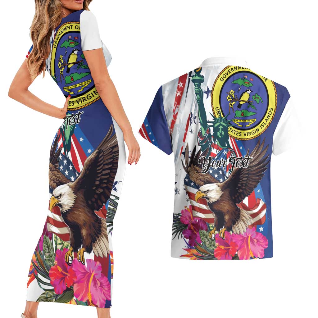 Personalized US Virgin Islands 4th of July Couples Matching Short Sleeve Bodycon Dress and Hawaiian Shirt US Eagle Statue of Liberty