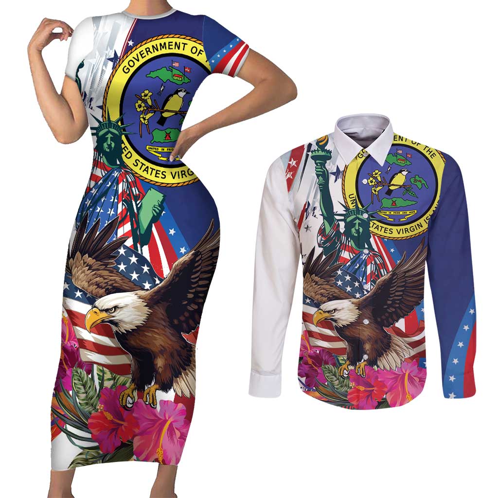 Personalized US Virgin Islands 4th of July Couples Matching Short Sleeve Bodycon Dress and Long Sleeve Button Shirt US Eagle Statue of Liberty