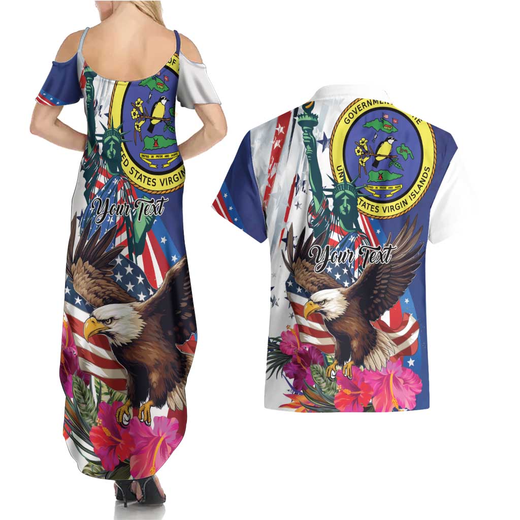 Personalized US Virgin Islands 4th of July Couples Matching Summer Maxi Dress and Hawaiian Shirt US Eagle Statue of Liberty