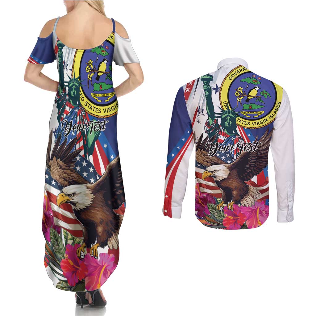 Personalized US Virgin Islands 4th of July Couples Matching Summer Maxi Dress and Long Sleeve Button Shirt US Eagle Statue of Liberty