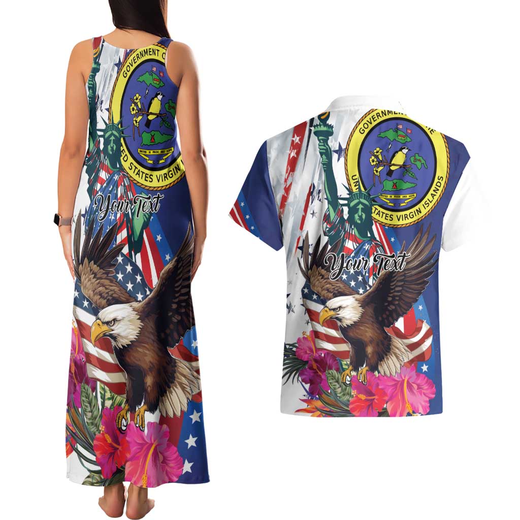 Personalized US Virgin Islands 4th of July Couples Matching Tank Maxi Dress and Hawaiian Shirt US Eagle Statue of Liberty