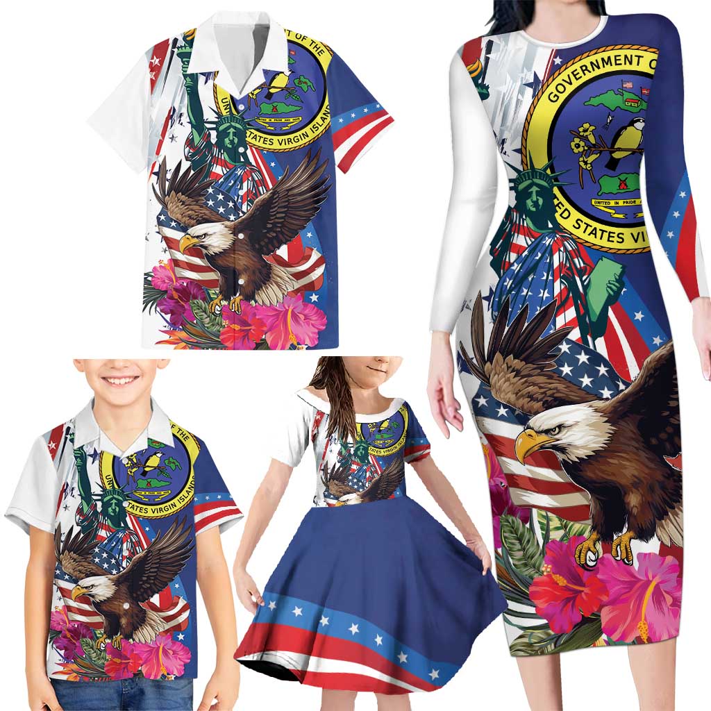 Personalized US Virgin Islands 4th of July Family Matching Long Sleeve Bodycon Dress and Hawaiian Shirt US Eagle Statue of Liberty