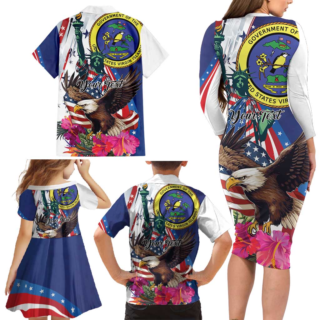 Personalized US Virgin Islands 4th of July Family Matching Long Sleeve Bodycon Dress and Hawaiian Shirt US Eagle Statue of Liberty