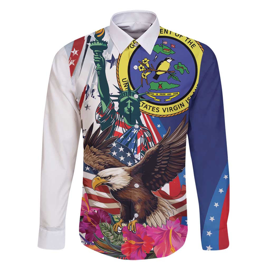 Personalized US Virgin Islands 4th of July Family Matching Long Sleeve Bodycon Dress and Hawaiian Shirt US Eagle Statue of Liberty