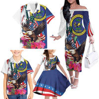 Personalized US Virgin Islands 4th of July Family Matching Off The Shoulder Long Sleeve Dress and Hawaiian Shirt US Eagle Statue of Liberty