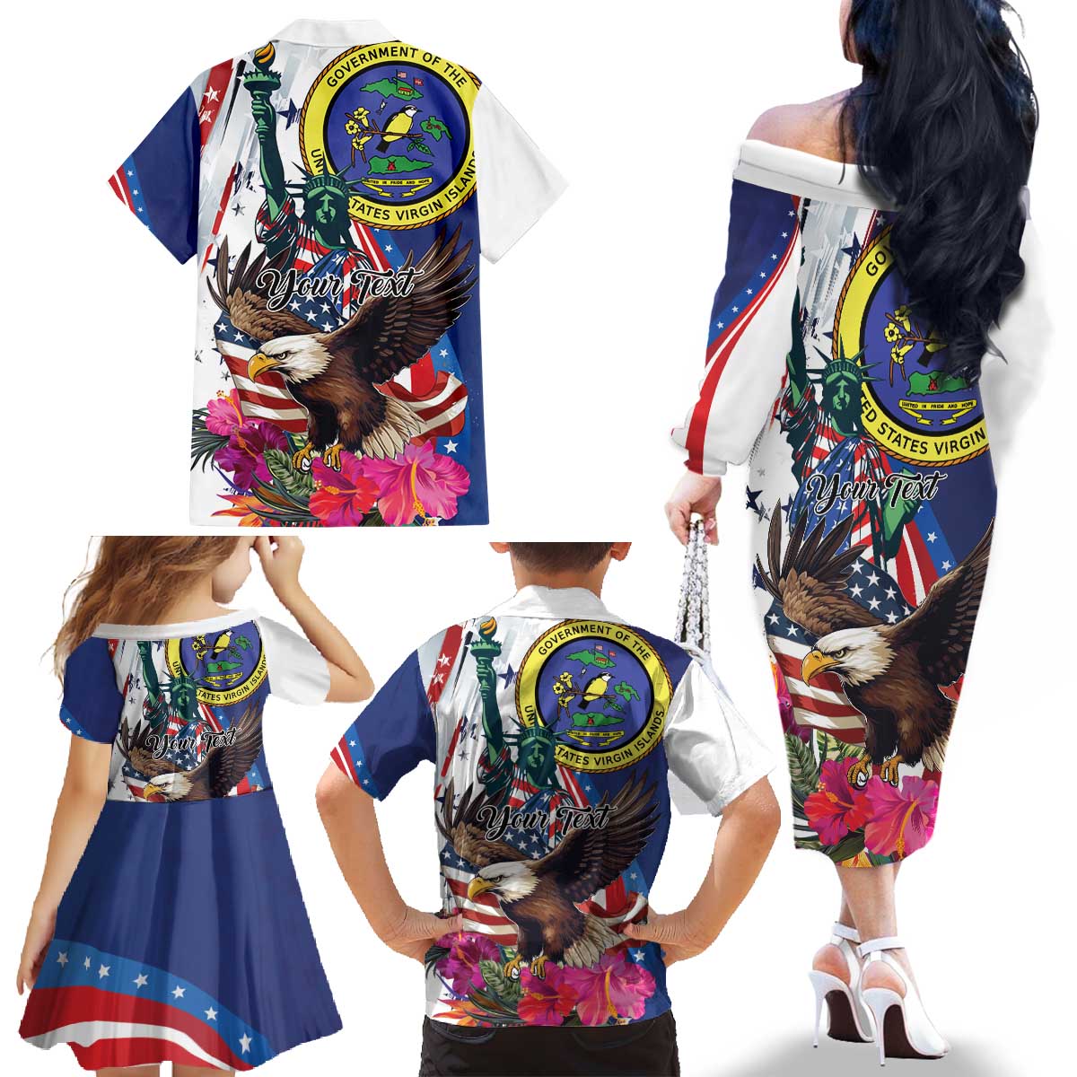 Personalized US Virgin Islands 4th of July Family Matching Off The Shoulder Long Sleeve Dress and Hawaiian Shirt US Eagle Statue of Liberty