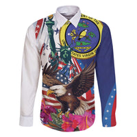 Personalized US Virgin Islands 4th of July Family Matching Off The Shoulder Long Sleeve Dress and Hawaiian Shirt US Eagle Statue of Liberty