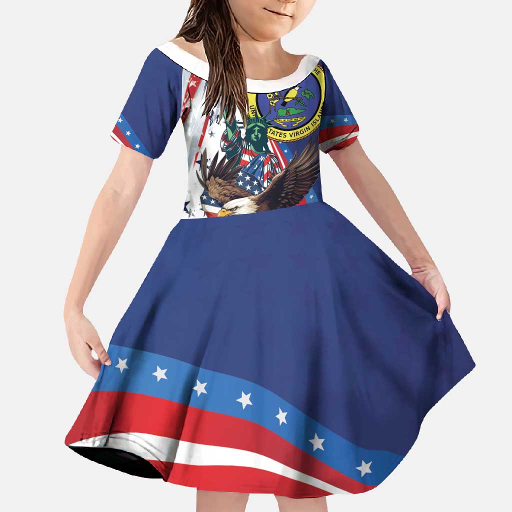 Personalized US Virgin Islands 4th of July Family Matching Off Shoulder Maxi Dress and Hawaiian Shirt US Eagle Statue of Liberty