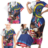 Personalized US Virgin Islands 4th of July Family Matching Short Sleeve Bodycon Dress and Hawaiian Shirt US Eagle Statue of Liberty