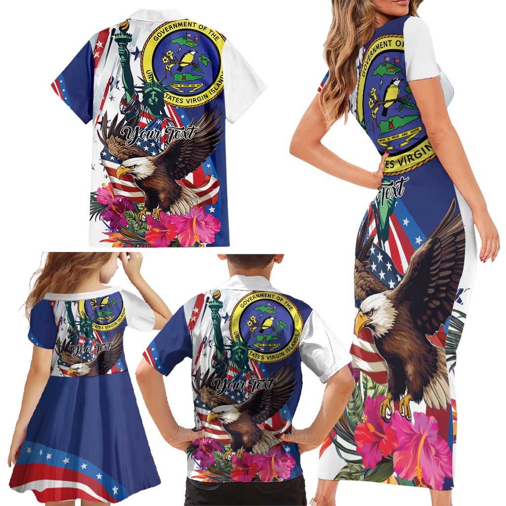 Personalized US Virgin Islands 4th of July Family Matching Short Sleeve Bodycon Dress and Hawaiian Shirt US Eagle Statue of Liberty