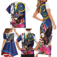 Personalized US Virgin Islands 4th of July Family Matching Short Sleeve Bodycon Dress and Hawaiian Shirt US Eagle Statue of Liberty
