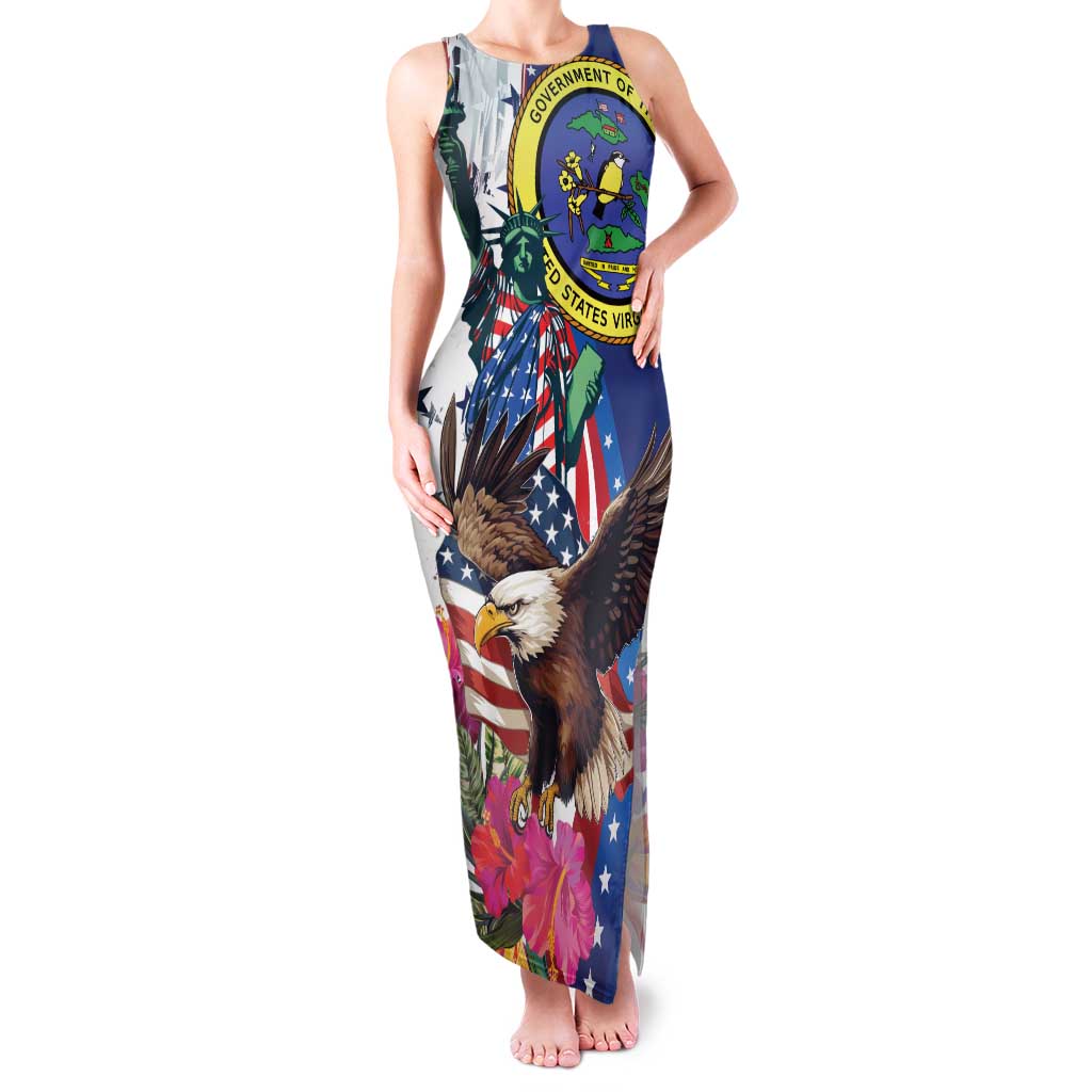 Personalized US Virgin Islands 4th of July Family Matching Tank Maxi Dress and Hawaiian Shirt US Eagle Statue of Liberty