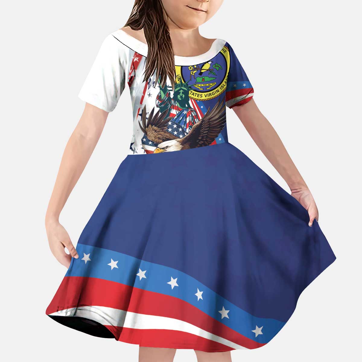 Personalized US Virgin Islands 4th of July Kid Short Sleeve Dress US Eagle Statue of Liberty
