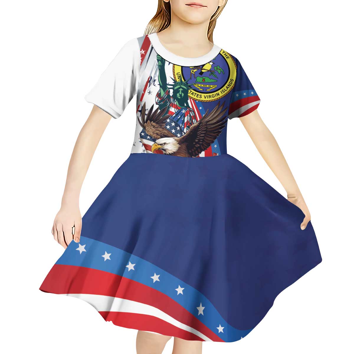 Personalized US Virgin Islands 4th of July Kid Short Sleeve Dress US Eagle Statue of Liberty