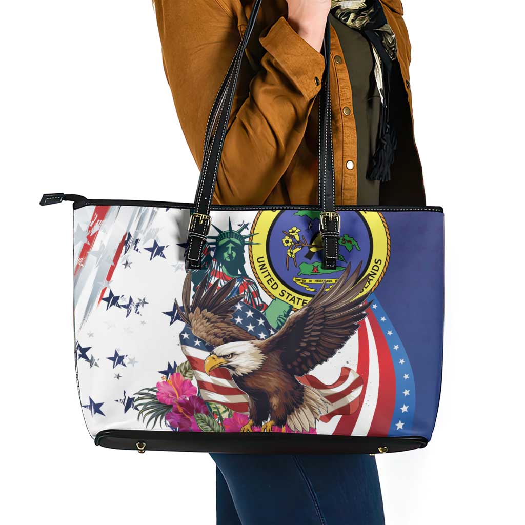 US Virgin Islands 4th of July Leather Tote Bag US Eagle Statue of Liberty