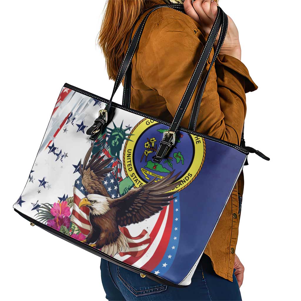 US Virgin Islands 4th of July Leather Tote Bag US Eagle Statue of Liberty
