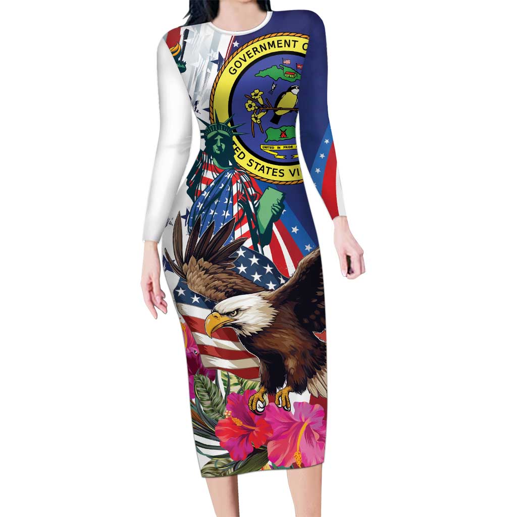 Personalized US Virgin Islands 4th of July Long Sleeve Bodycon Dress US Eagle Statue of Liberty