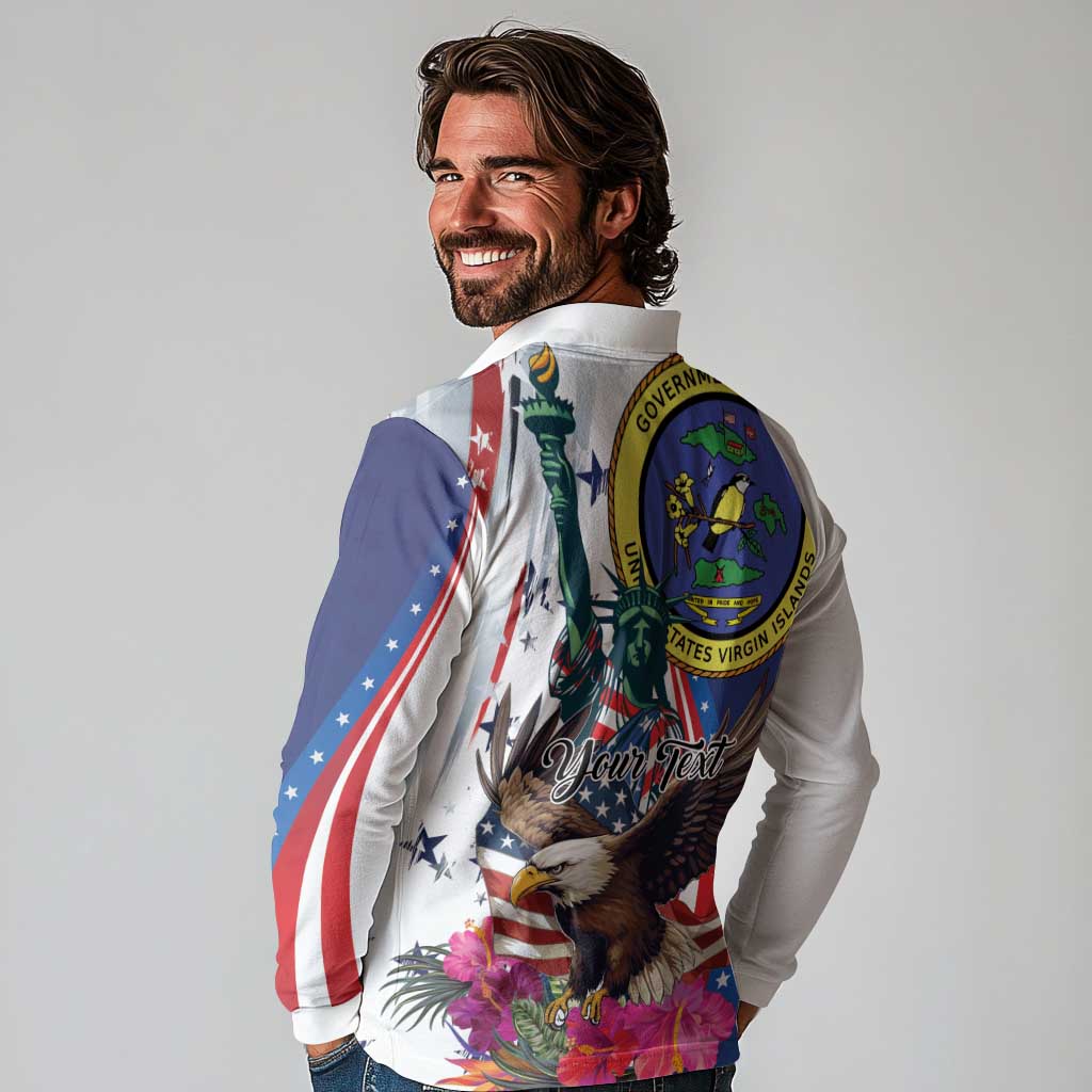 Personalized US Virgin Islands 4th of July Long Sleeve Polo Shirt US Eagle Statue of Liberty
