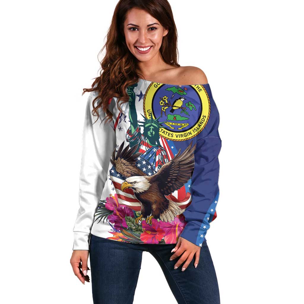 Personalized US Virgin Islands 4th of July Off Shoulder Sweater US Eagle Statue of Liberty