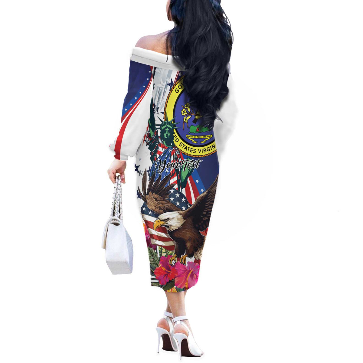 Personalized US Virgin Islands 4th of July Off The Shoulder Long Sleeve Dress US Eagle Statue of Liberty