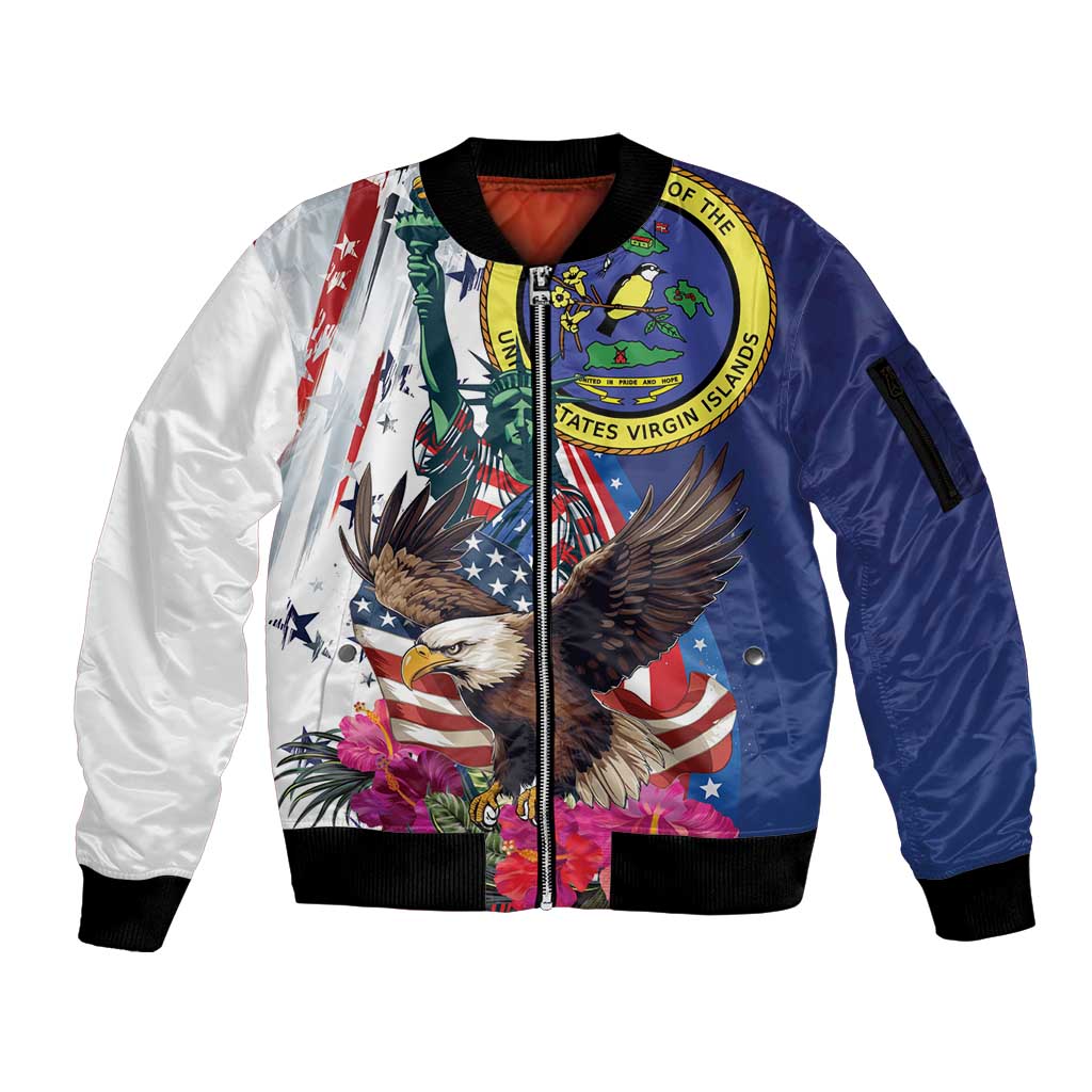 Personalized US Virgin Islands 4th of July Sleeve Zip Bomber Jacket US Eagle Statue of Liberty