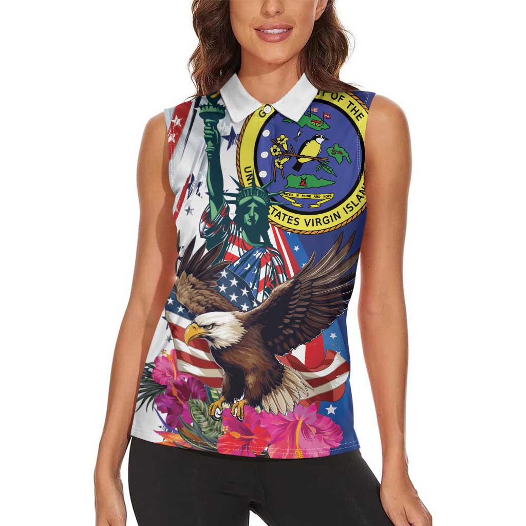 Personalized US Virgin Islands 4th of July Women Sleeveless Polo Shirt US Eagle Statue of Liberty