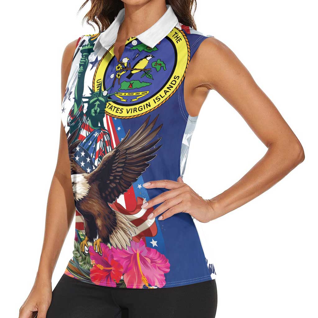 Personalized US Virgin Islands 4th of July Women Sleeveless Polo Shirt US Eagle Statue of Liberty