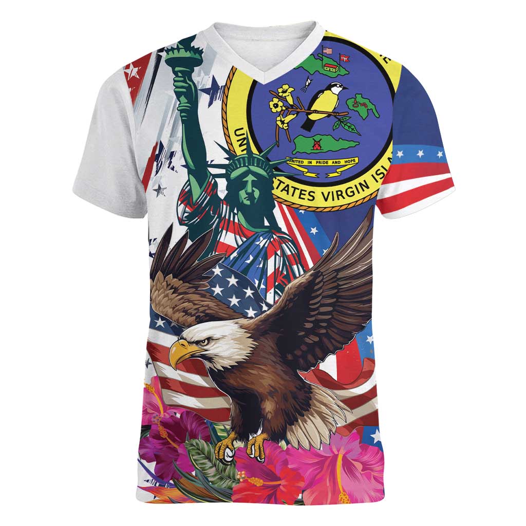 Personalized US Virgin Islands 4th of July Women V-Neck T-Shirt US Eagle Statue of Liberty