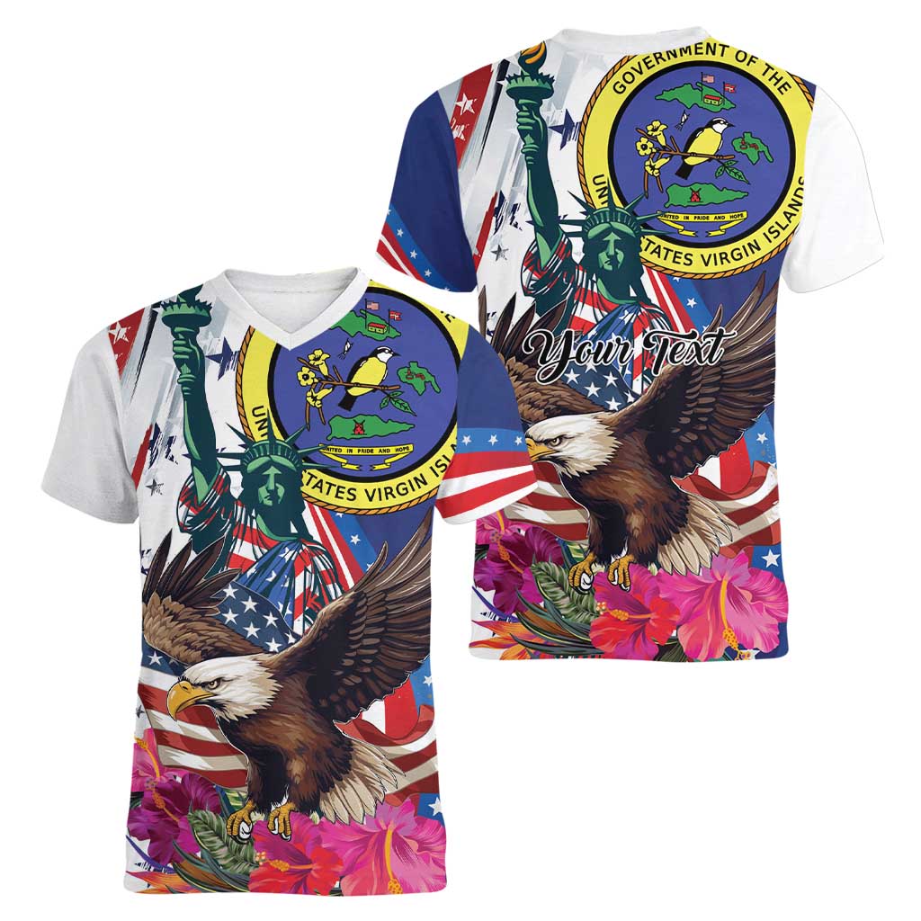Personalized US Virgin Islands 4th of July Women V-Neck T-Shirt US Eagle Statue of Liberty