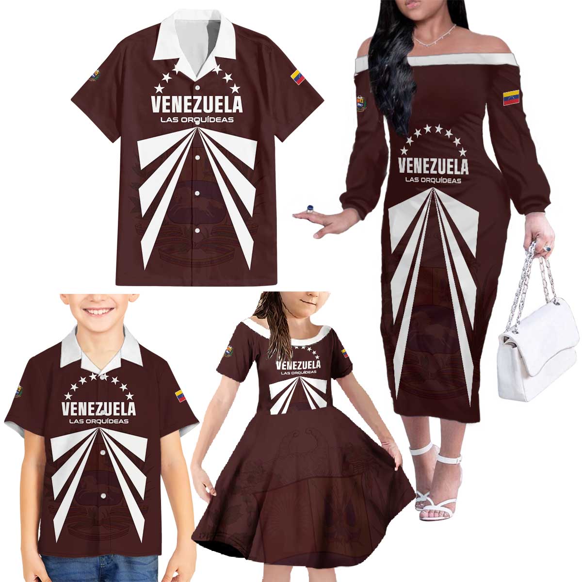 Custom Venezuela Rugby Family Matching Off The Shoulder Long Sleeve Dress and Hawaiian Shirt Las Orquideas Go Champions