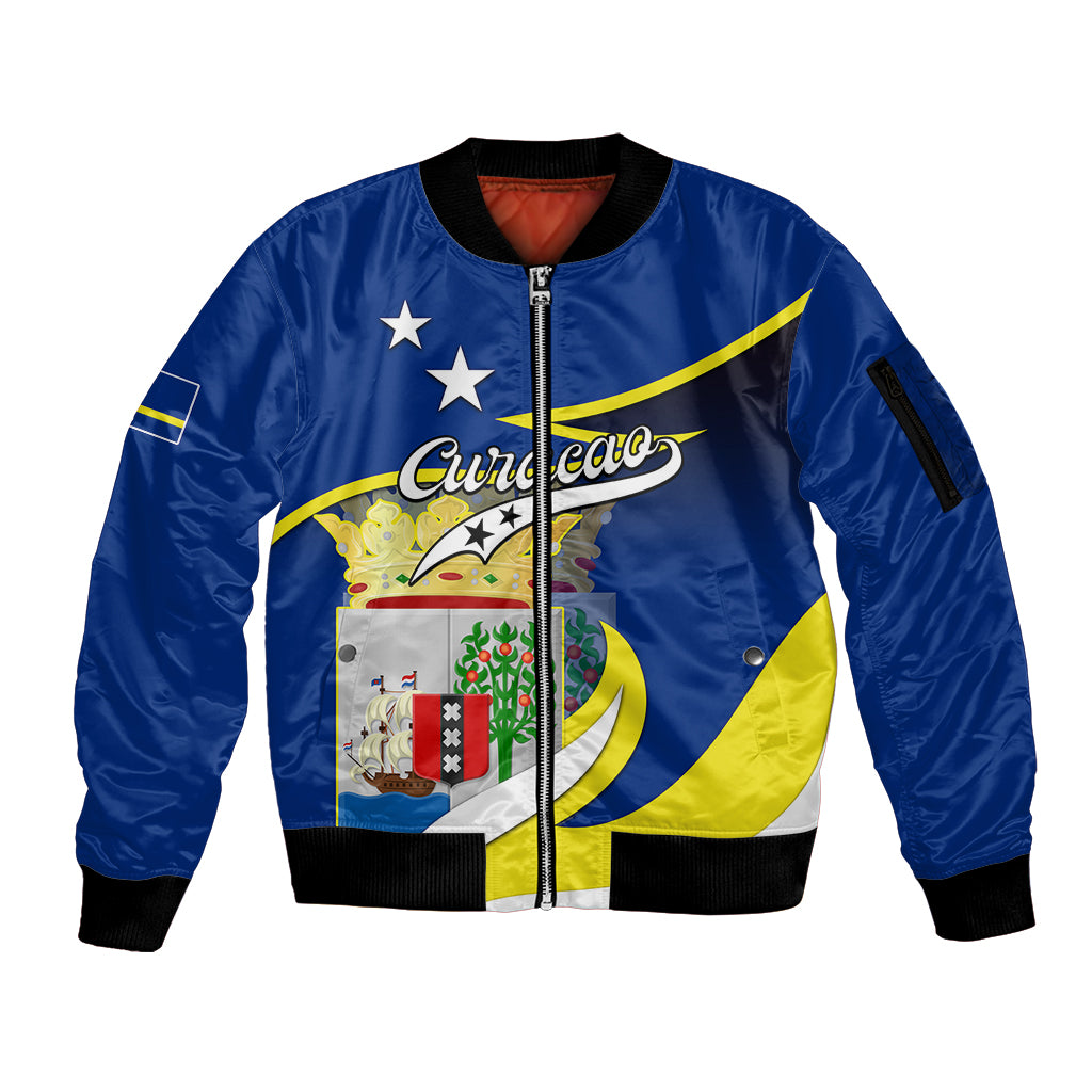 Curacao Sleeve Zip Bomber Jacket Coat Of Arms With Map Special Version - Wonder Print Shop