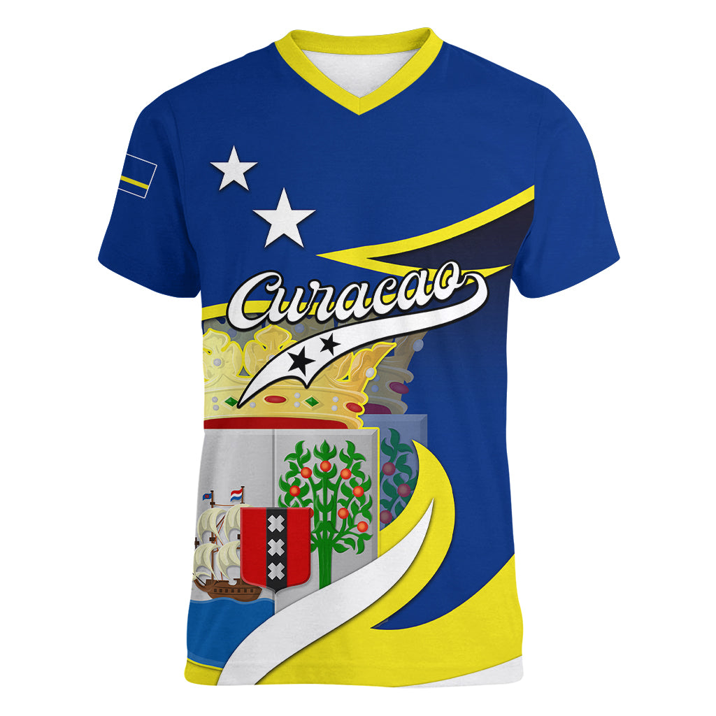 Curacao Women V Neck T Shirt Coat Of Arms With Map Special Version - Wonder Print Shop