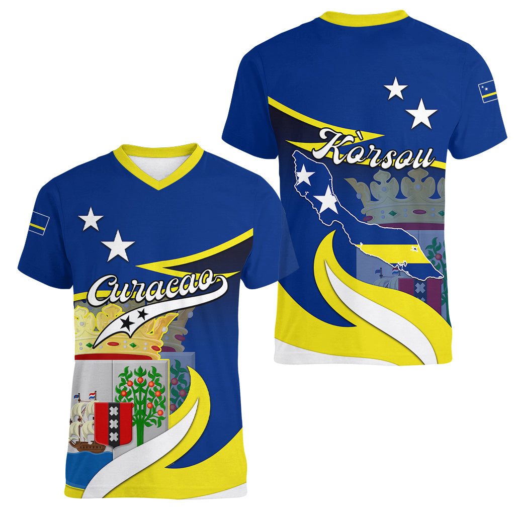 Curacao Women V Neck T Shirt Coat Of Arms With Map Special Version - Wonder Print Shop