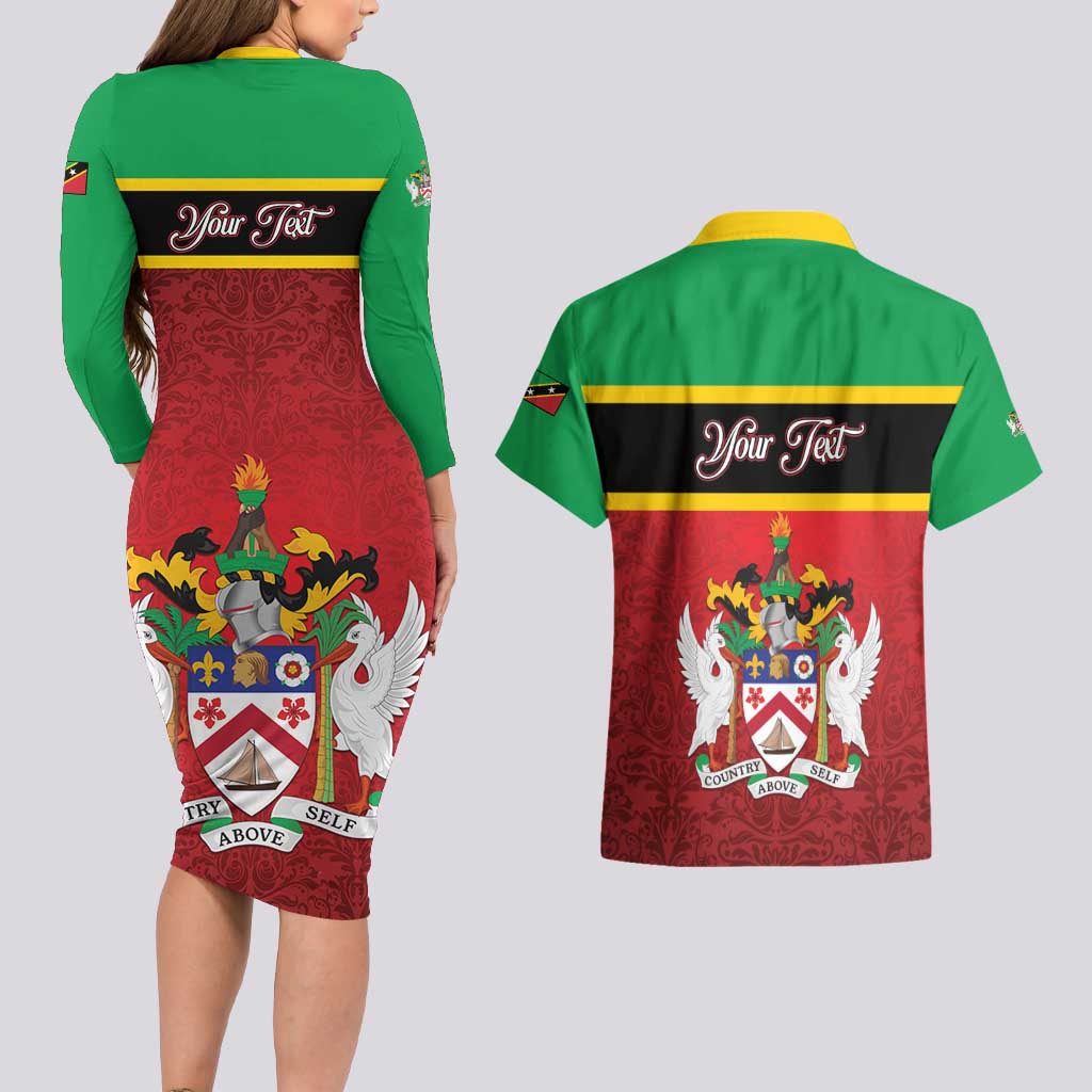 Personalized Saint Kitts and Nevis Royal Pattern Couples Matching Long Sleeve Bodycon Dress and Hawaiian Shirt - Wonder Print Shop