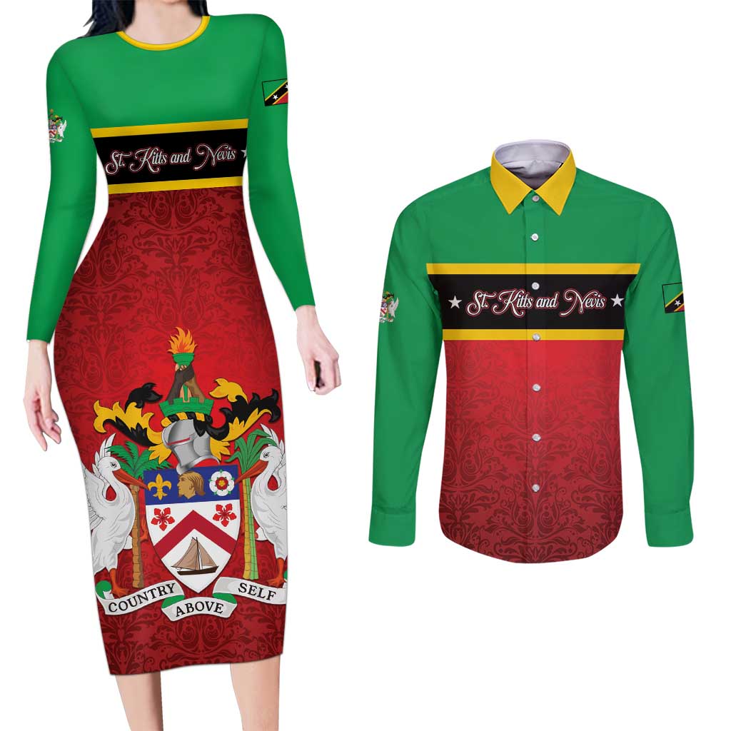 Personalized Saint Kitts and Nevis Royal Pattern Couples Matching Long Sleeve Bodycon Dress and Long Sleeve Button Shirt - Wonder Print Shop