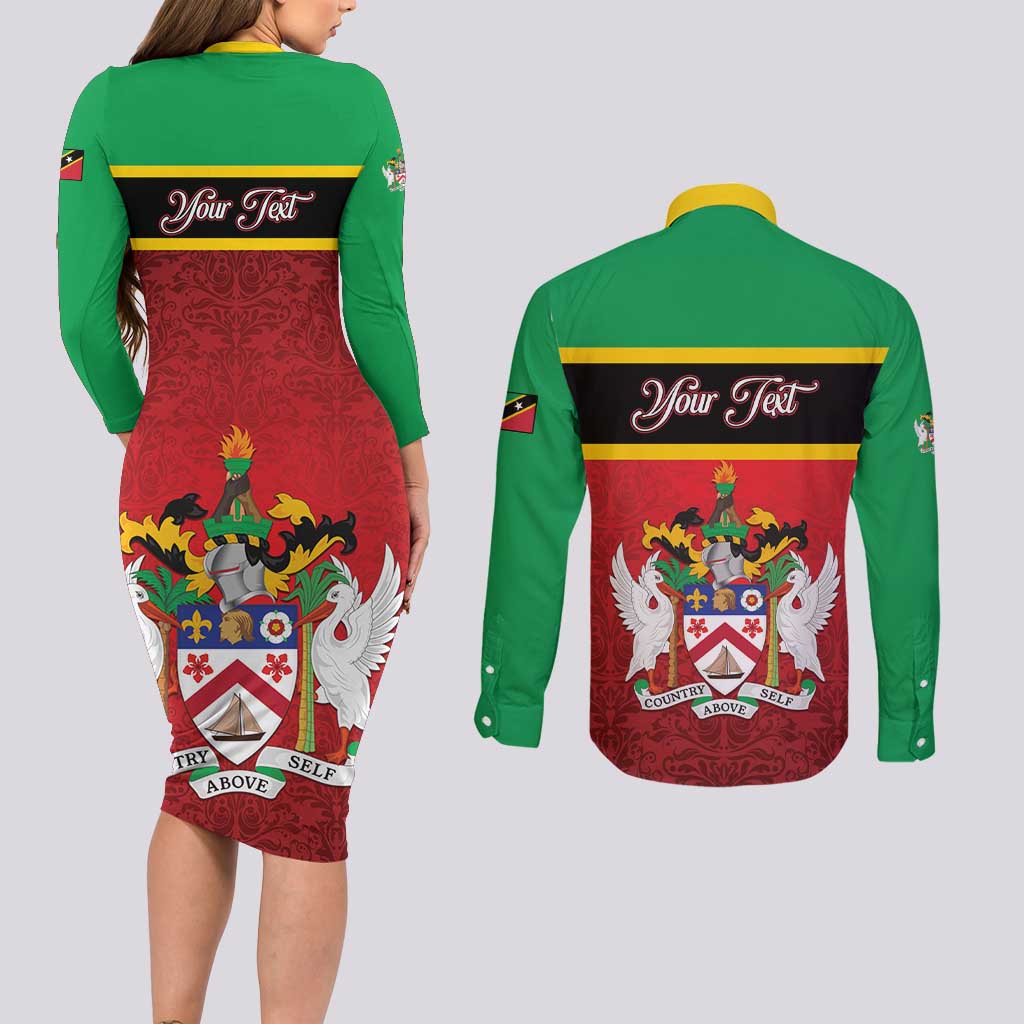 Personalized Saint Kitts and Nevis Royal Pattern Couples Matching Long Sleeve Bodycon Dress and Long Sleeve Button Shirt - Wonder Print Shop