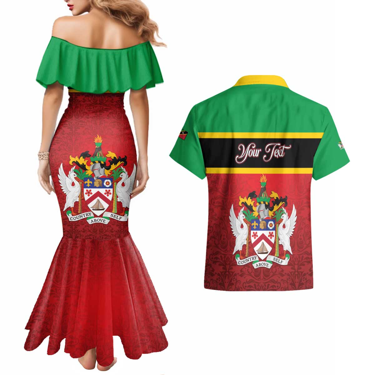 Personalized Saint Kitts and Nevis Royal Pattern Couples Matching Mermaid Dress and Hawaiian Shirt - Wonder Print Shop