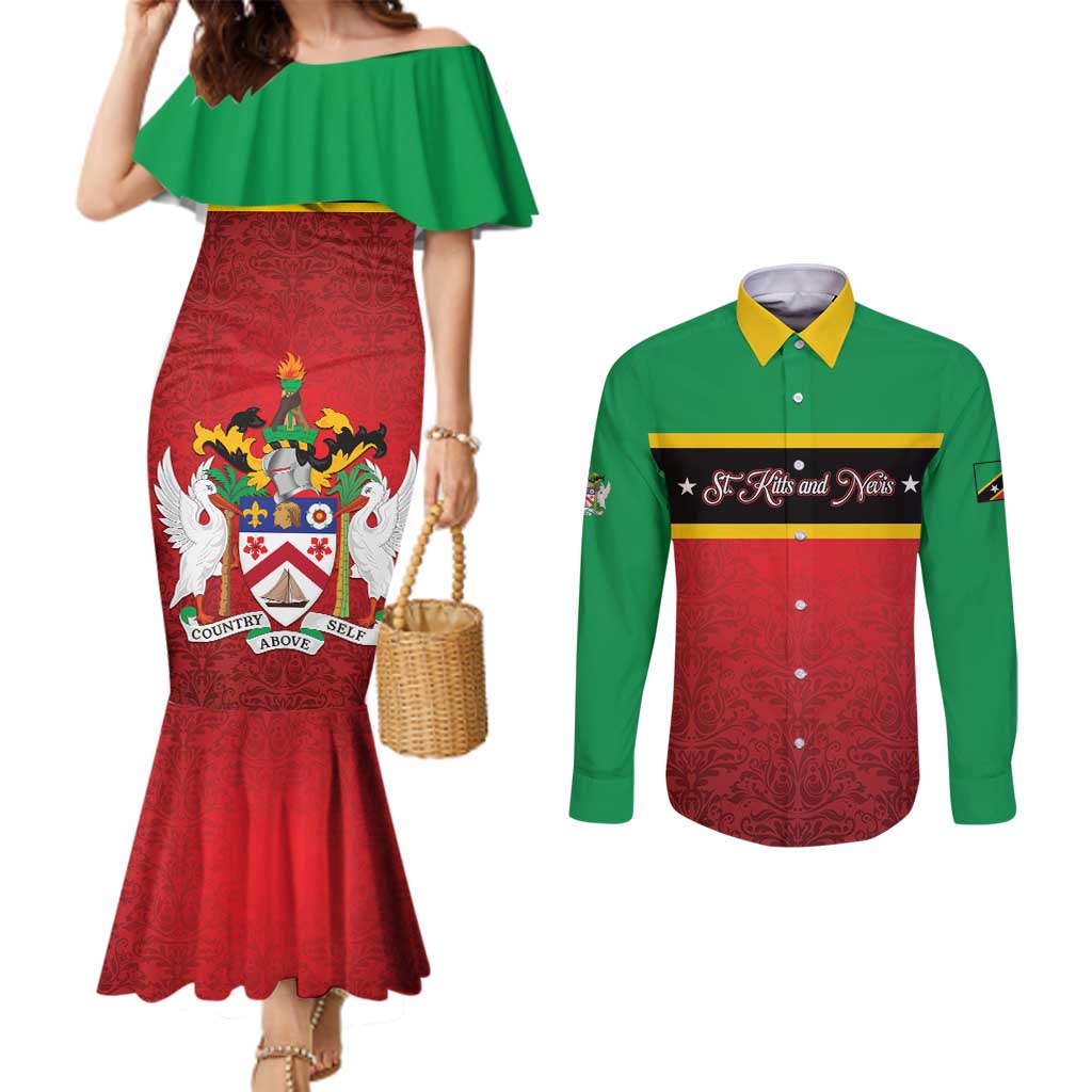 Personalized Saint Kitts and Nevis Royal Pattern Couples Matching Mermaid Dress and Long Sleeve Button Shirt - Wonder Print Shop