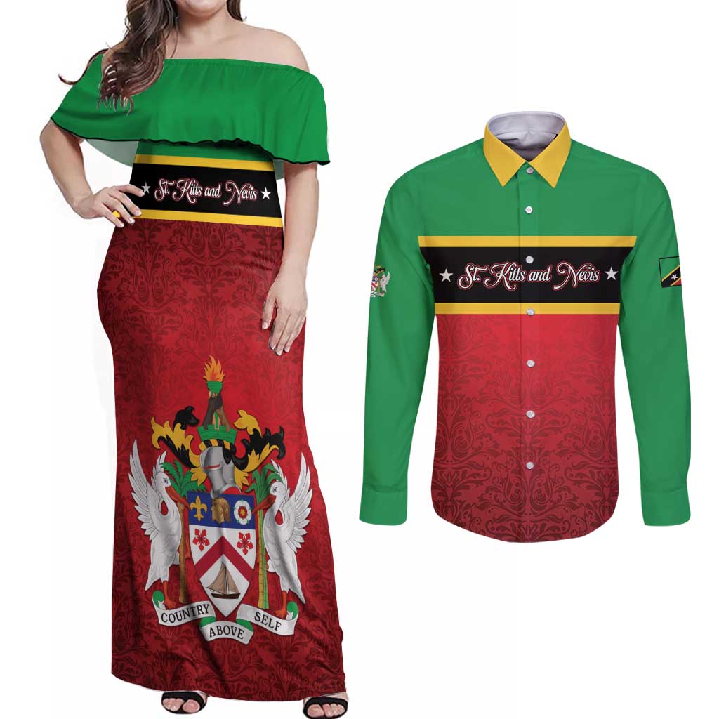 Personalized Saint Kitts and Nevis Royal Pattern Couples Matching Off Shoulder Maxi Dress and Long Sleeve Button Shirt - Wonder Print Shop