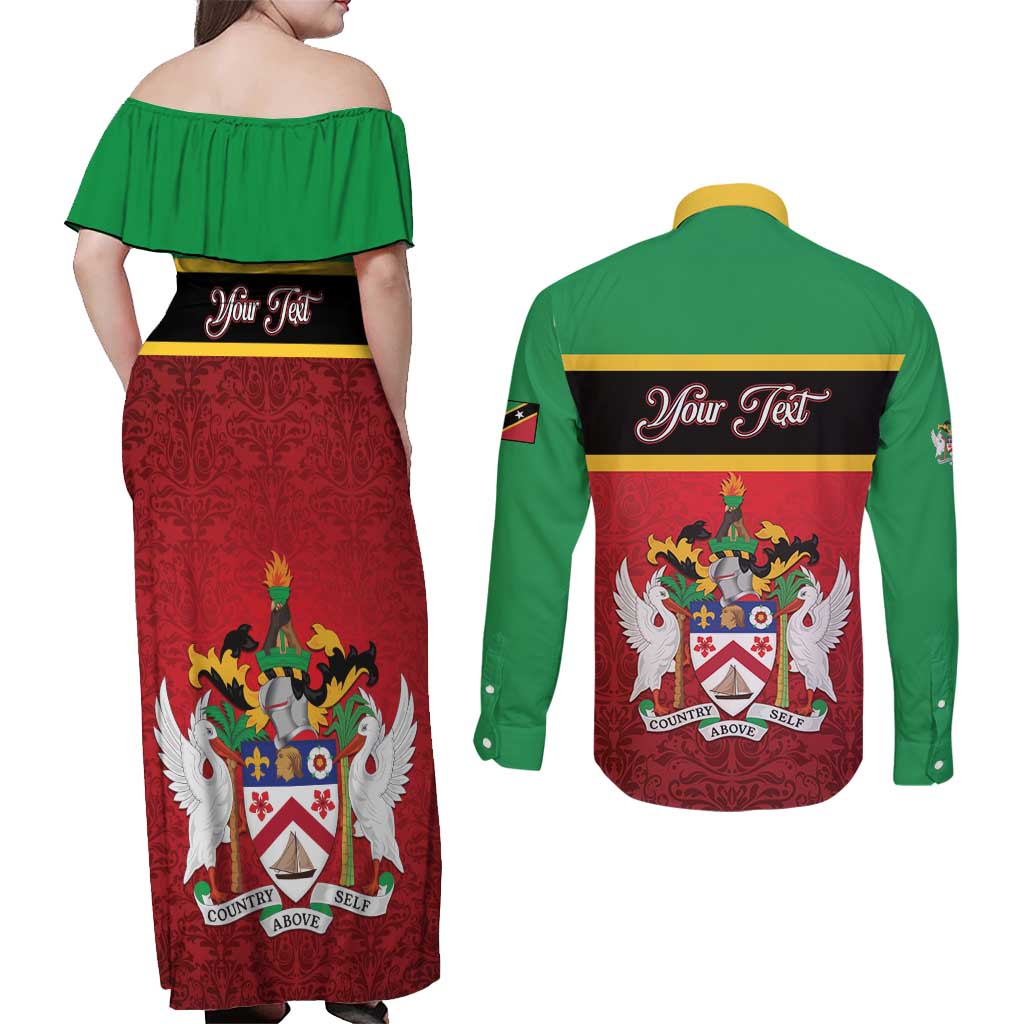 Personalized Saint Kitts and Nevis Royal Pattern Couples Matching Off Shoulder Maxi Dress and Long Sleeve Button Shirt - Wonder Print Shop