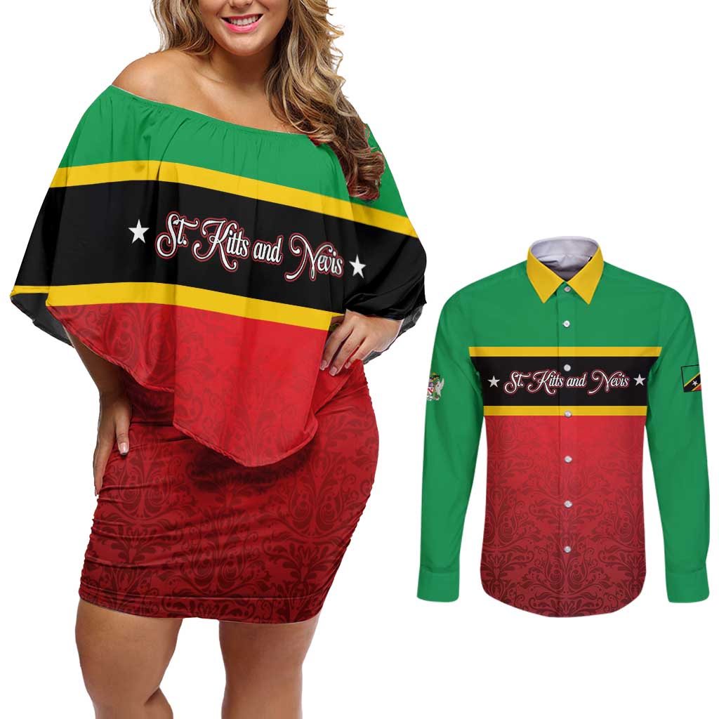 Personalized Saint Kitts and Nevis Royal Pattern Couples Matching Off Shoulder Short Dress and Long Sleeve Button Shirt - Wonder Print Shop