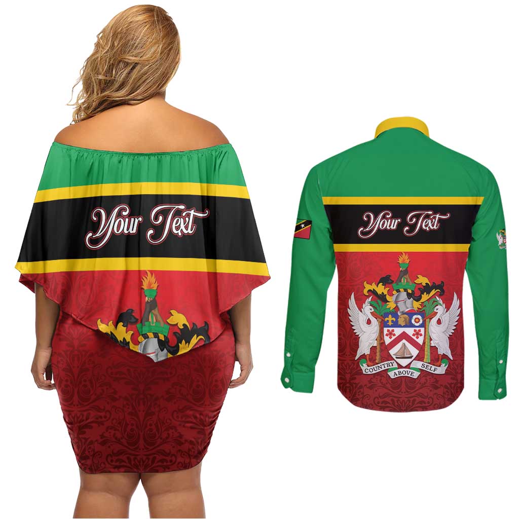 Personalized Saint Kitts and Nevis Royal Pattern Couples Matching Off Shoulder Short Dress and Long Sleeve Button Shirt - Wonder Print Shop