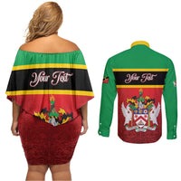 Personalized Saint Kitts and Nevis Royal Pattern Couples Matching Off Shoulder Short Dress and Long Sleeve Button Shirt - Wonder Print Shop