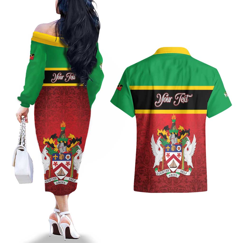 Personalized Saint Kitts and Nevis Royal Pattern Couples Matching Off The Shoulder Long Sleeve Dress and Hawaiian Shirt - Wonder Print Shop