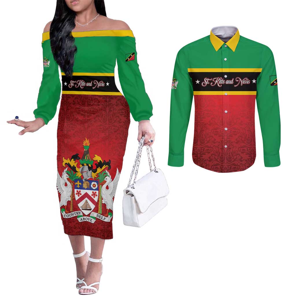 Personalized Saint Kitts and Nevis Royal Pattern Couples Matching Off The Shoulder Long Sleeve Dress and Long Sleeve Button Shirt - Wonder Print Shop