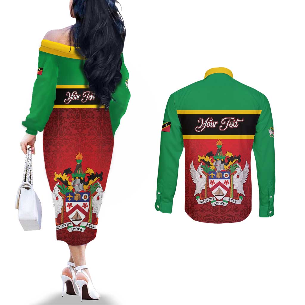 Personalized Saint Kitts and Nevis Royal Pattern Couples Matching Off The Shoulder Long Sleeve Dress and Long Sleeve Button Shirt - Wonder Print Shop